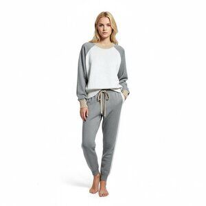 MONROW Color Block Gray/Tan Two-Piece Knit Jogger Set Size Med Large NWT